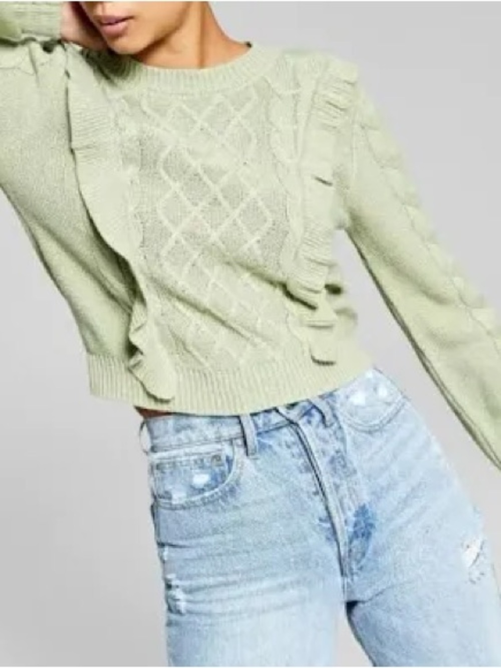 Cropped Mint Ruffle Cable Knit Crewneck Sweater